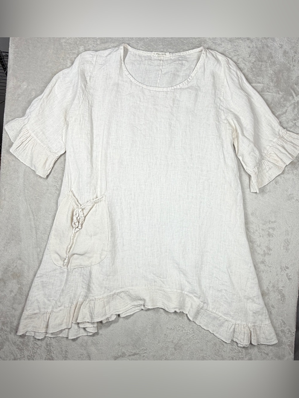 Meo Meli Made in Italy 100% Linen Cream Lagenlook Textured Ruffle Tunic Top XL